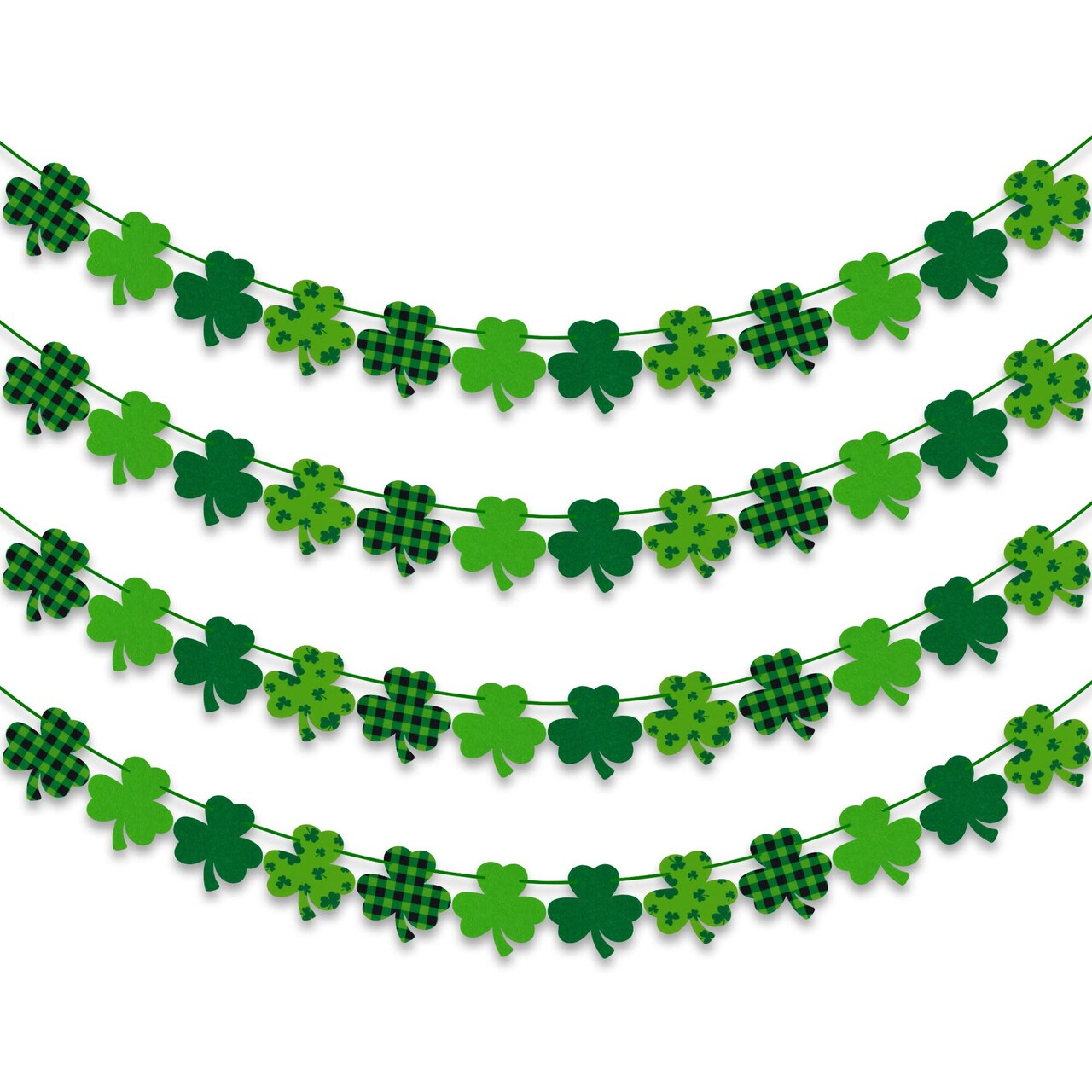 4PCS Felt Shamrock Clover Garland Banner - NO DIY, St. Patrick's Day Decorations - Buffalo Plaid Dark Green Light Green Happy St. Patrick's Day Banner for Home Mantel Office Irish Day Party Supplies